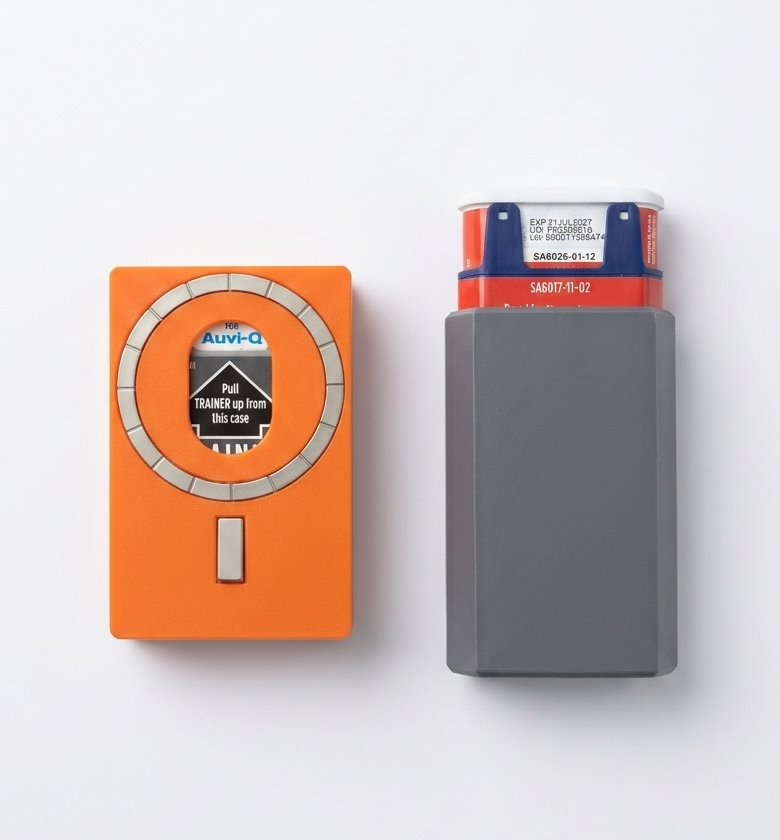 An orange EpiBuddy MagSafe case beside a grey EpiBuddy case holding an AUVI-Q epinephrine auto-injector.